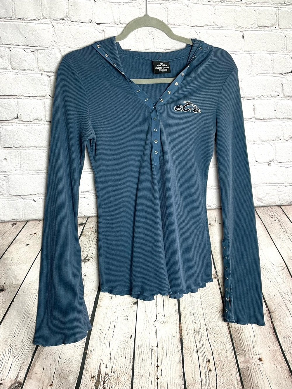 OCC Orange County Choppers Y2K Blue Thermal Snap Hooded Top Vintage Size Large